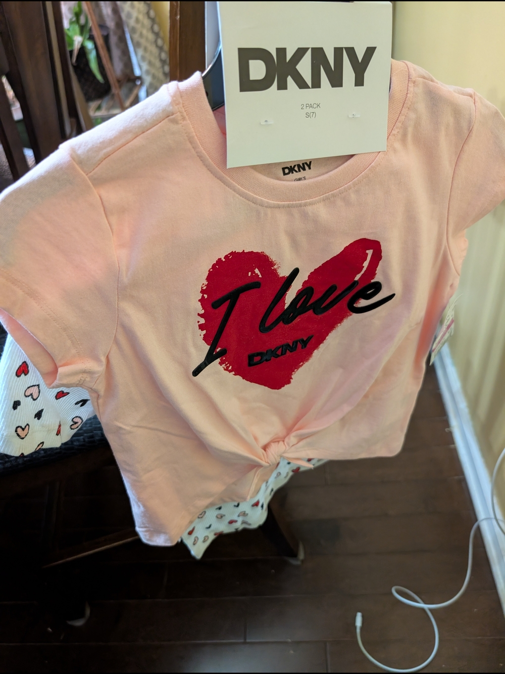 DKNY Pink Tee with Red Heart Graphic